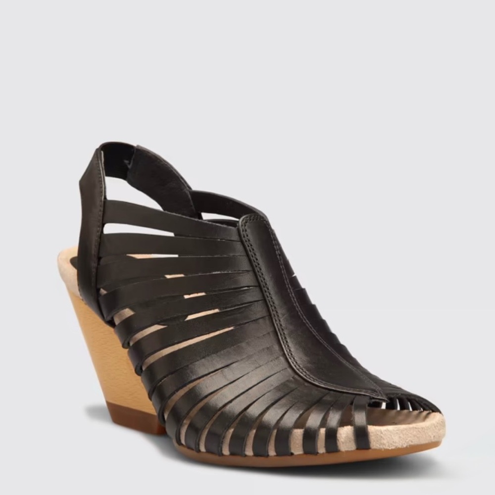 Camper Rachael Black Leather Slingback Wooden Cushioned Wedge Sandals Size 38